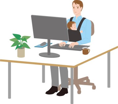 Bebeğiyle çalışmak için çalışan bir baba. İş hayatı dengesi