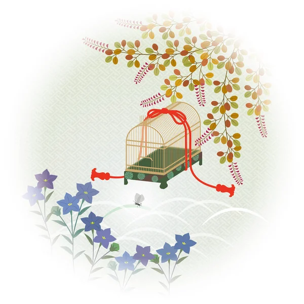 秋の花畑と昆虫の檻 日本の伝統的なパターン — ストックベクタ