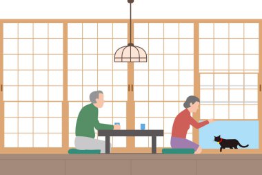 Kalacak yer. Japon tarzı oda, Shoji ekranlı ve kedili kapı aralığı olan yaşlı çift. İç mekan