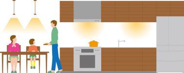 Kalacak yer. Mutfak, yemek masası ve aile.