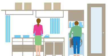 Kalacak yer. Çamaşır odası. Çamaşırları düzenleyen bir çift.