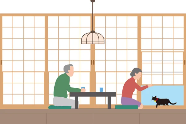 Vivienda Habitación Estilo Japonés Con Pantalla Shoji Pareja Mayor Con — Vector de stock