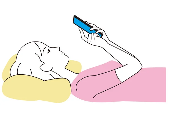 Uma Mulher Olhando Para Smartphone Enquanto Dormia — Vetor de Stock