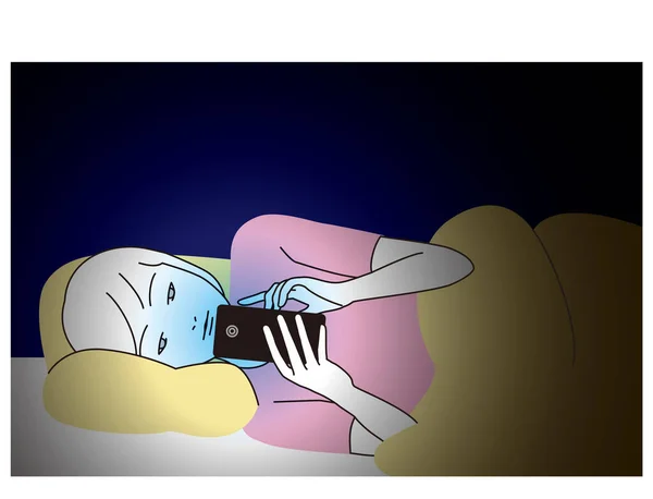 Bir Kadın Akıllı Telefonuyla Yatakta Uzanıp Ona Bakıyor — Stok Vektör