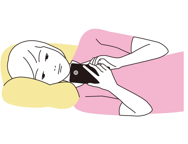 Uma Mulher Dormindo Lado Olhando Para Smartphone — Vetor de Stock