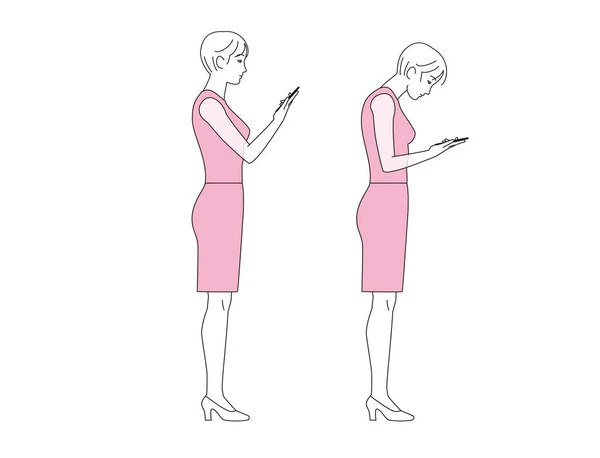 A woman staring at a smartphone. Good posture and bad posture