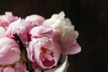 Şakayık tomurcukları bukette. Yakın plan plan. Şık buketler ve düğünler için çiçekler.