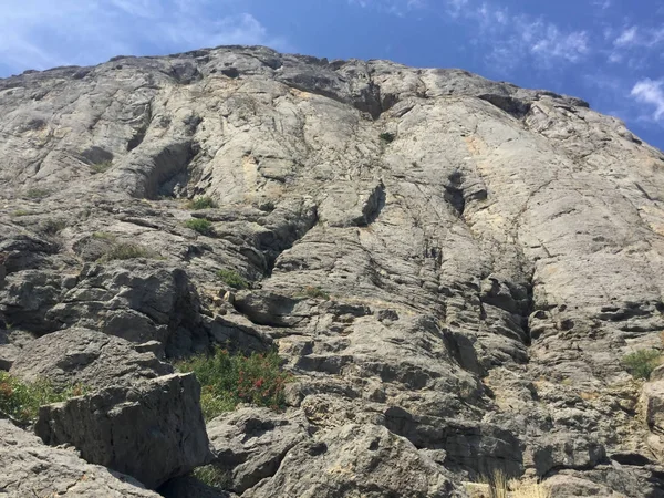 Rocky mountains of Crimea in the summer. Gray rocks on a sunny day.
