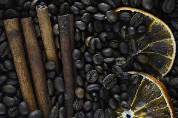 Slice Salted Orange Background Fragrant Coffee Beans Aromatic Cinnamon Sticks — Stock Photo, Image