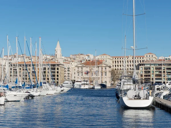 Marseille City Hall Seen Harbor Boats Foreground France — Stock Photo, Image
