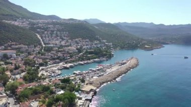 Aerial view of Kas Turkey Town and harbor with beauitful blue sea and sky