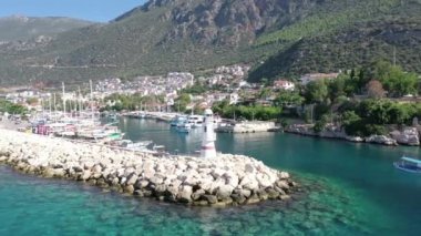 Aerial view of Kas Turkey Town and harbor with beautiful blue sea and sky