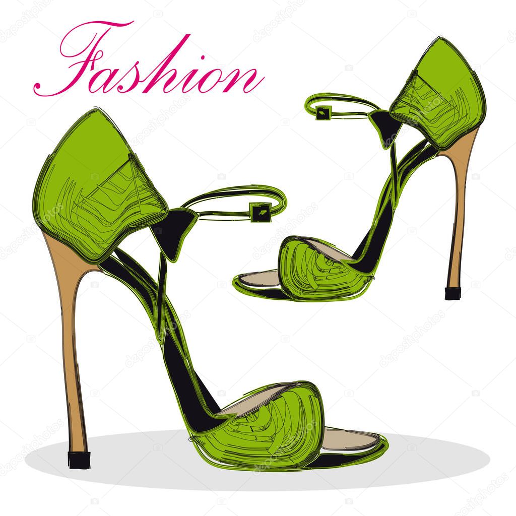 High heel green shoes on white background