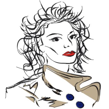 Bej renkli trençkotlu kırmızı rujlu genç bir kadın çiz. Geçmiş görünümü