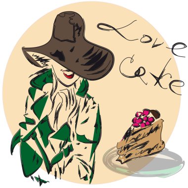 Kahverengi şapkalı ve yeşil trençkotlu bir kız retro tarzı pasta yemek istiyor.