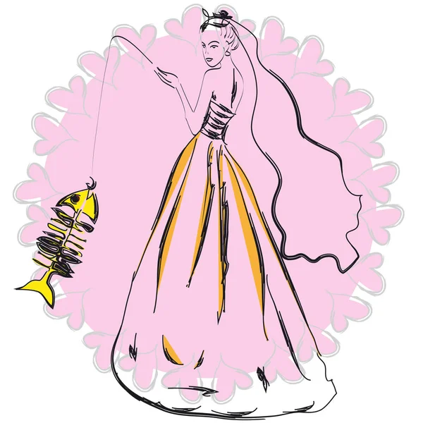 Mariée Attrapé Poisson Satire Caricature Mariage Réussi — Image vectorielle