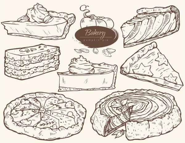Conjunto Ilustraciones Vectoriales Panadería Dulce Torta Calabaza Mano Dibujada Estilo — Archivo Imágenes Vectoriales
