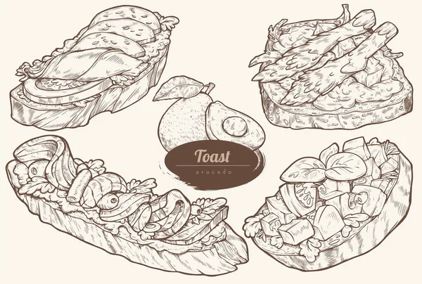 鳄梨烤面包与不同的配料 健康的早餐 在浅色背景上隔离的向量插图集 复古风格 — 图库矢量图片