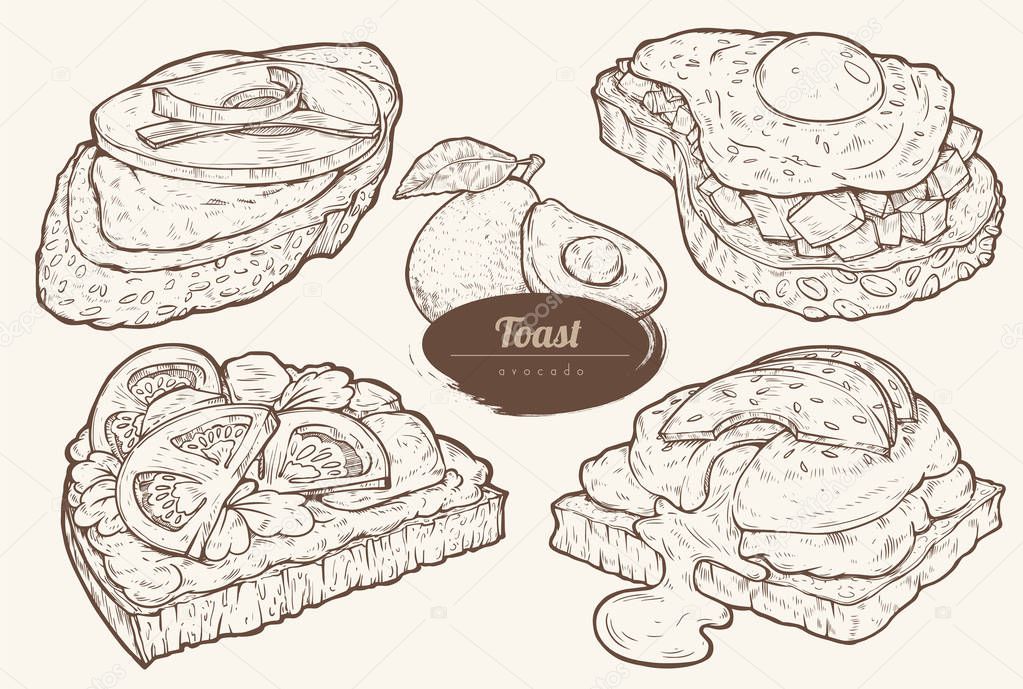 Avocado toasts with different toppings. Healthy breakfast meal. Set of vector illustrations isolated on light background. Hand drawn. Vintage style