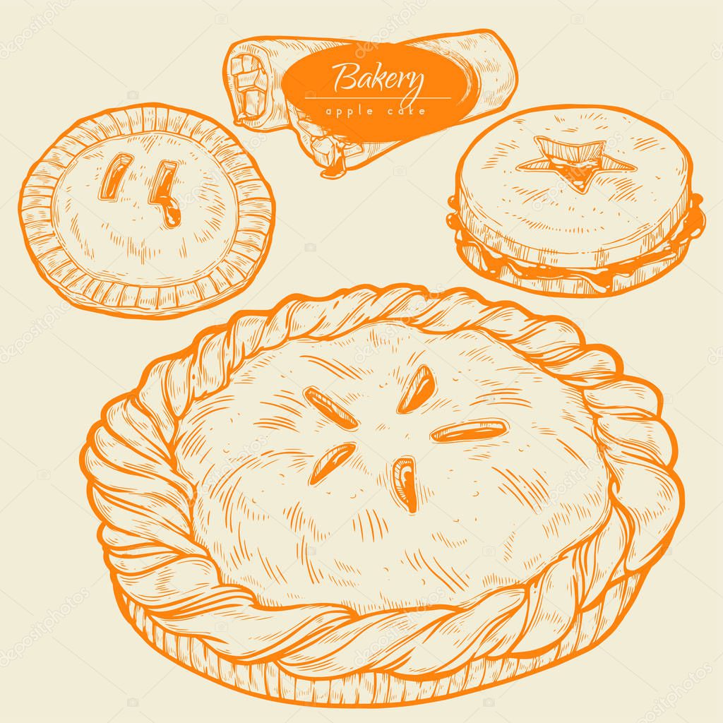 Sweet pastries, traditional cake, tart and pie. Vector set of vintage hand drawn sketch baking on light background. Fruit and berry stuffing, apples, pears, etc. Illustration for cooking site, menus, books.