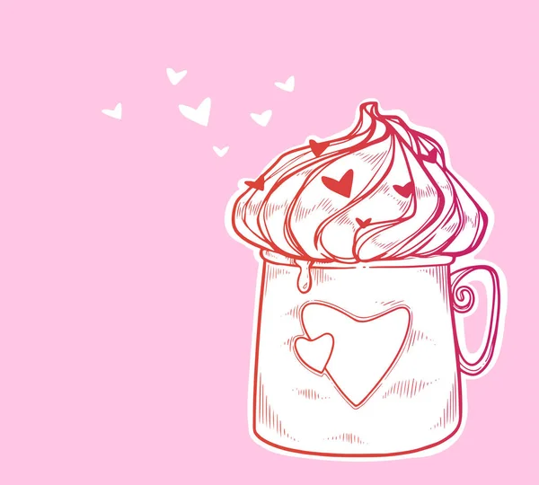 Vektorillustration Des Valentinstages Niedliche Tasse Heiße Schokolade Auf Rosa Hintergrund — Stockvektor