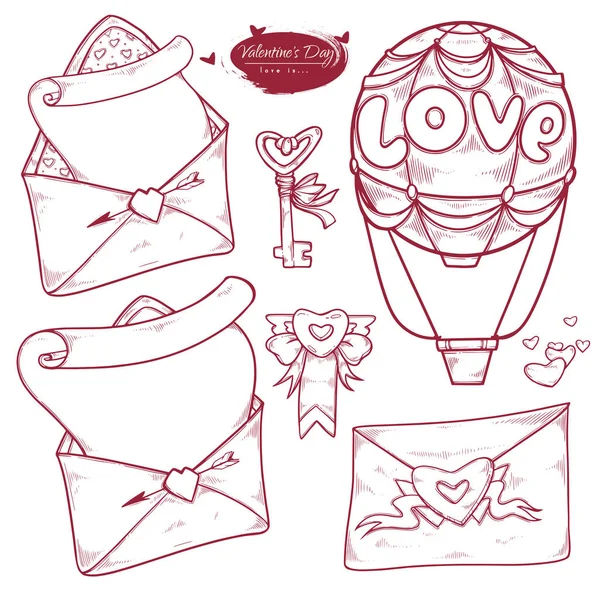 Vector Set Artículos San Valentín Para Diseño Tarjetas Regalo Postes — Archivo Imágenes Vectoriales