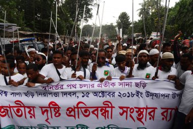 Bangladeşli kör insanların dünya beyaz baston Emanet gün dakka, Bangladeş, 15 Ekim 2018 üzerinde kutlamak için mitingi. Beyaz baston güvenliği günü kör veya görme engelli insanlar başarıları vurgulamak için 15 Ekim'de görülmektedir.