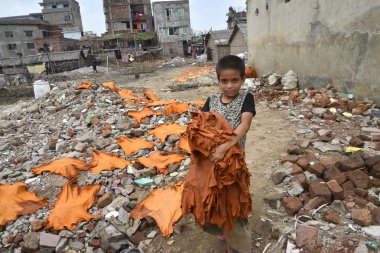 Bir Bangladeşli çocuk çalışanı 8 Nisan 2017 Dhaka bir tabakhane işlenmiş deri parçaları kurur. 