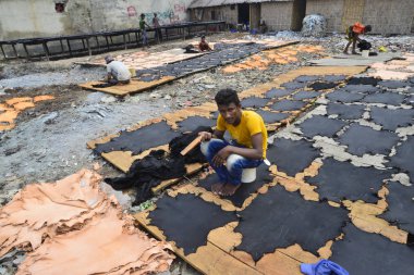 Bir Bangladeşli çocuk çalışanı 8 Nisan 2017 Dhaka bir tabakhane işlenmiş deri parçaları kurur. 