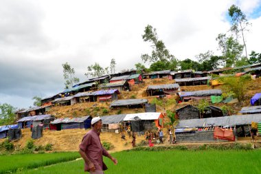 Rohingya mültecileri, 06 Eylül 2017 'de Bangladeş, Cox' s Bazar 'daki palongkhali derme çatma kampında çeltik tarlasında yürüyorlar.