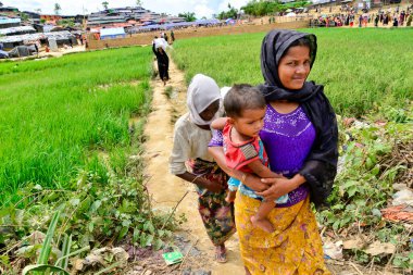 Rohingya mültecileri, 06 Eylül 2017 'de Bangladeş, Cox' s Bazar 'daki palongkhali derme çatma kampında çeltik tarlasında yürüyorlar.
