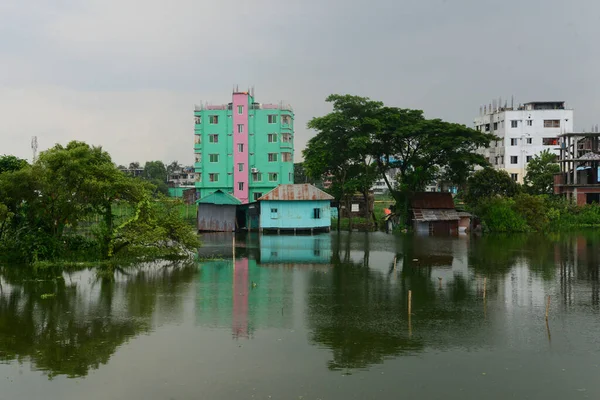 Uma Visão Das Casas Inundadas Afetadas Área Lowlands Cidade Daca — Fotografia de Stock