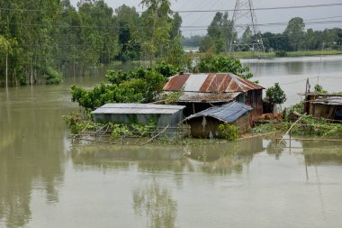24 Temmuz 2020 'de Dhaka, Bangladeş yakınlarındaki Manikganj' da sel sularıyla çevrili köylü evi görüldü. Güney Asya 'da şiddetli muson yağmurlarından kaynaklanan ölüm bilançosu yaklaşık 200' e yükseldi. Neredeyse dört milyon insan muson selleri tarafından vuruldu.