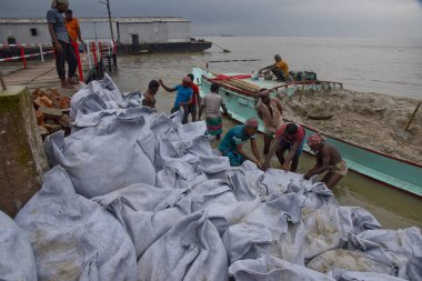İşçiler, adalarını Dhaka, Bangladeş yakınlarındaki Manikgonj 'da 24 Temmuz 2020' de şişmiş Padma 'dan korumak için tasarlanan nehir erozyonu ve sel sularını onarmak için kum torbaları hazırlıyorlar..