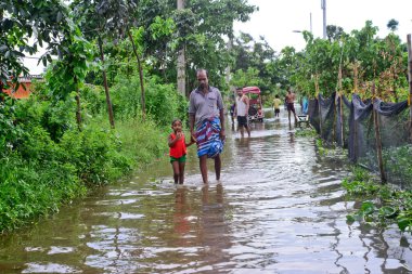 Vatandaşlar 6 Ağustos 202 'de Bangladeş' in Dhaka şehrinin ovalardaki bir su birikintisinde yürürler.