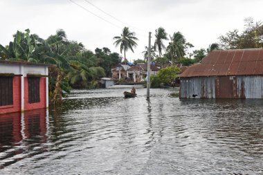 Köylü adam 7 Ağustos 2020 'de Dhaka, Bangladeş yakınlarında, Savar' da sel sularında bir tekneye bindi.