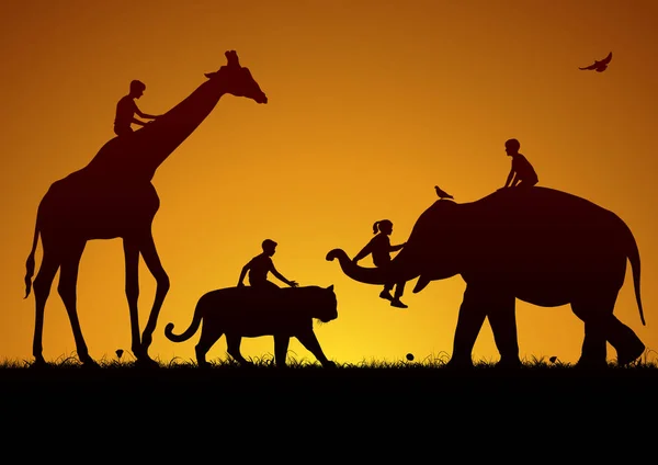 Kinder Auf Giraffe Tiger Und Elefant — Stockvektor