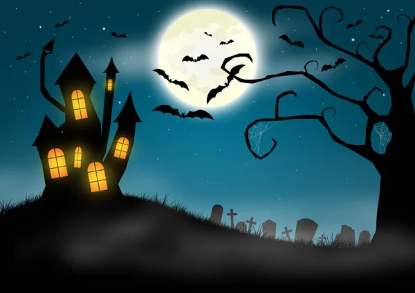 Halloween Pozadí Strašidelný Zámek Hřbitov — Stock fotografie