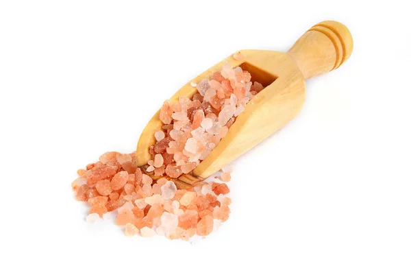 Pink Himalayan Salt Wooden Scoop White Isolated Background — Stock Photo, Image