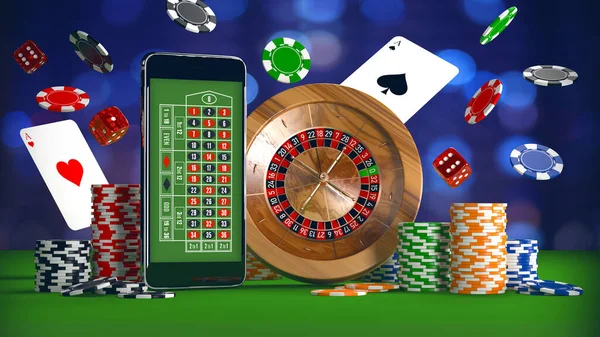 Conceito Jogo Casino Online Com Smartphone Roleta Roda Dados Cartões — Fotografia de Stock