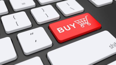 E-ticaret, finans veya hisse senedi konsepti için satın alma düğmesi olan bilgisayar klavyesi 