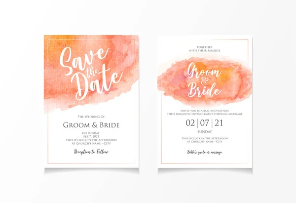 Pêssego Cor Laranja Modelo Cartão Convite Casamento Com Estilo Aquarela —  Vetores de Stock