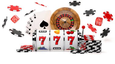 Kumar makinesi, uçan çipler ve zarlar, rulet tekerleği ve Royal Floş el kombinasyonu olan kumarhane konsepti. Kumar yeri, poker, rulet ve diğer kumarhane oyunları için konsept. 3B illüstrasyon