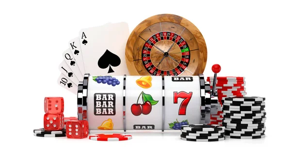 Casino Konzept Hintergrund Mit Spielautomaten Chips Stapel Roulette Rad Und — Stockfoto
