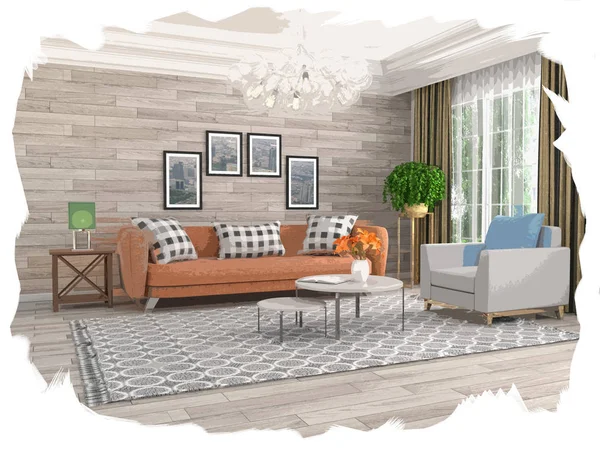 interior sketch design of living room. 3D