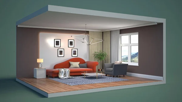 Interior of the living room in a box. 3D illustration