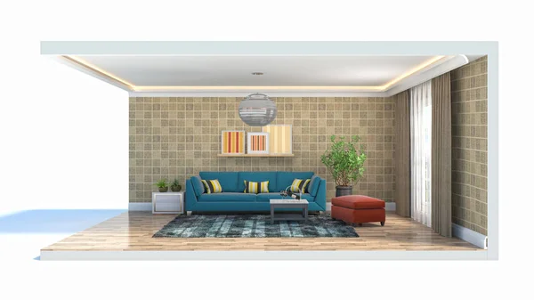 Interior of the living room in a box. 3D illustration