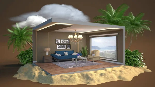 Interior of the living room in a box. 3D illustration