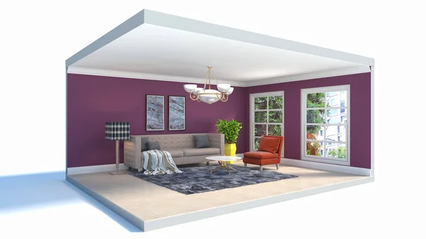 Interior of the living room in a box. 3D illustration