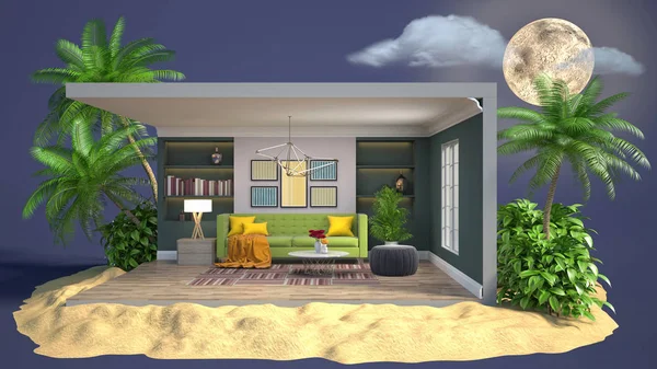 Interior of the living room in a box. 3D illustration